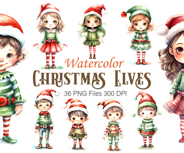 ArtStation - Watercolor Christmas Elves. Clipart Bundle. | Artworks