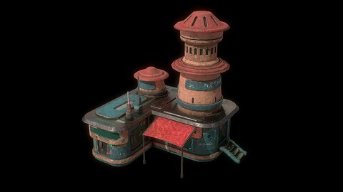 Low poly sci fi market building 3