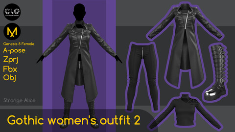 Gothic women's outfit 2. Clo3d, Marvelous Designer projects.