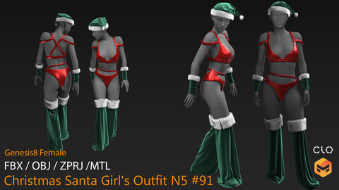 Christmas Santa Girl's Outfit N5 #91 _ MarvelousDesigner/CLO Project Files+fbx+obj+mtl _ Genesis8Female