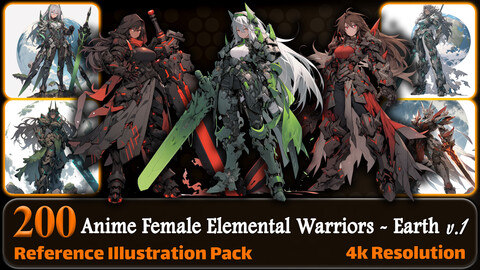 200 Anime Female Elemental Warriors - Earth (Full Body) Reference Pack | 4K | v.1