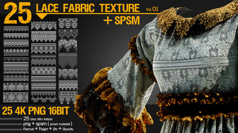25 lace fabric texture_vol_01 + Spsm (smart material) __ trim, texture, PBR Material