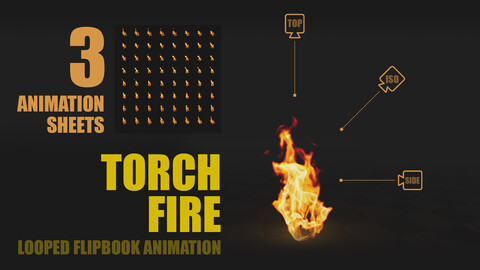 Torch fire -  Looped Flipbook Animation Sheet - 3 flame view angles