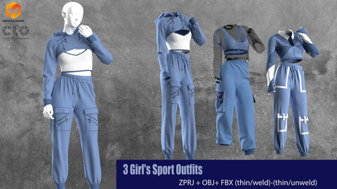 3 Girl's Sport Outfit Marvelous Designer /Clo3d