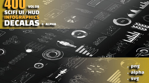 400 + Sci-fi UI / HUD / infographics decals+alpha pack / VOL 08