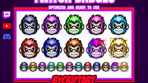 Monkey Twitch Sub badges, Chibi Monkey Bit Badges for streamers, Gorilla, Animals Cheer Badges, Channel points, Stream Loyalty emblem