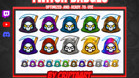 Grim Reaper Twitch Badges. Skull reaper bit badges, Scythe sub, halloween, channel points, horror items for discord, kick, tiktok, youtube