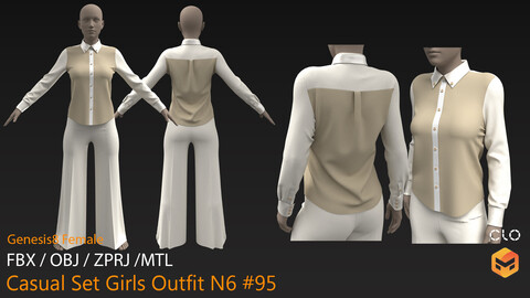 Casual Set Girls Outfit N6 #95 _ MarvelousDesigner/CLO Project Files+fbx+obj+mtl _ Genesis8Female
