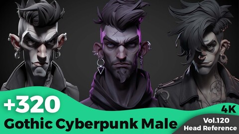 +320 Stylized Gothic Cyberpunk Male Head Reference(4k)