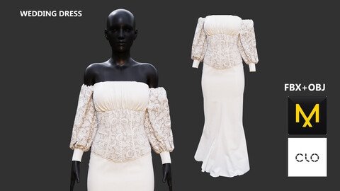 Wedding Dress. Marvelous Designer/Clo3d project + OBJ + FBX