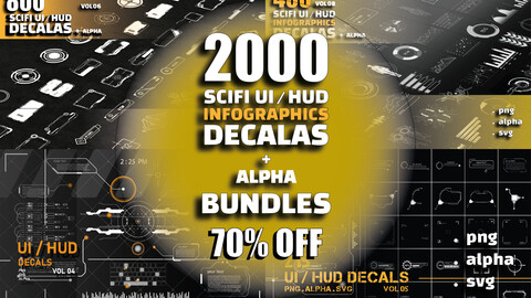 2000 + Sci-fi UI / HUD / infographics decals+alpha bundles (70 % off)