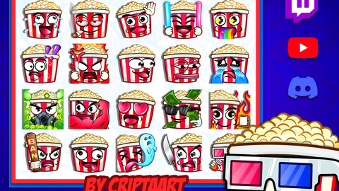 Popcorn emotes mega pack, junk food sub emoji, cinema icons, items for movie stream, gameplays, discord, tiktok, youtube