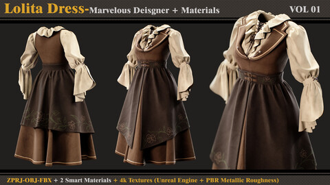 Lolita Dress -MD/Clo3d + Smart Material + 4K Textures + OBJ + FBX (vol 01)