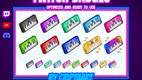 Musical keyboard Twitch badges, pianist bit badges, musical instrument, rock, pop, items for music streamer, discord, kick, tiktok, youtube