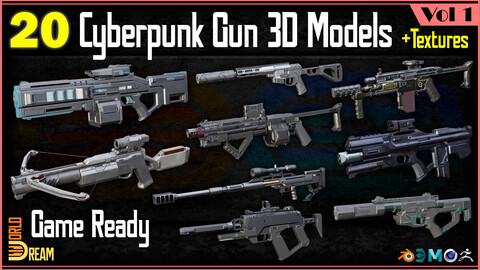 20 Cyberpunk Gun 3D Models with Textures | Game Ready | Vol 1