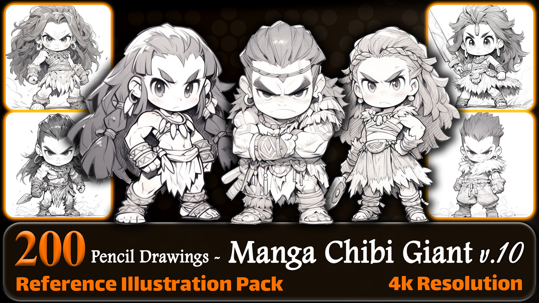 200 Pencil Drawings of Manga Chibi Giant (Full Body) Reference Pack | 4K |  v.10