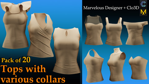 Pack of 20 Tops with various collars (Marvelous Designer project file/ZPRG+FBX+OBJ)