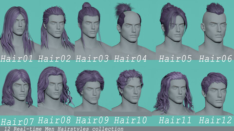 12 Real-time men Hairstyles collection 03 hair ancient mid age man male blonde brunette beautiful wig character  haircut human real time ingame  lowpoly chinese japanese