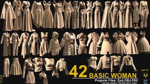 42 BASIC WOMAN CLOTHES VOL 11 (CLO3D AND MAEVELOUS DESIGNER) ZPRJ, OBJ, FBX,UV