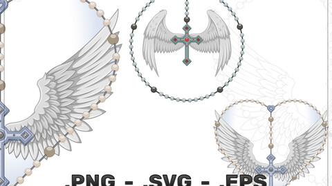 Vector Design Winged Cross With Christian Rosary