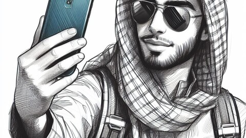 Arab man holding mobile sketch drawing illustration