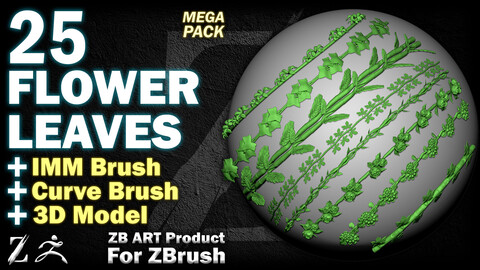 25 ZB ART Flowers and Leaves For ZBrush (IMM Brush + Curve Brush + 3D Model)
