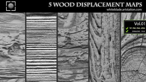 ZBrush/Mudbox/SP - 5 Wood Pattern Displacement Maps / Alphas Vol.1 - Commercial License