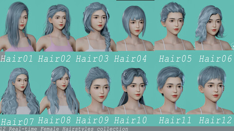 12 Real-time woman Hairstyles collection 04 hair anime head man male blonde brunette beautiful wig character hairstyle haircut human real time ingame unreal lowpoly