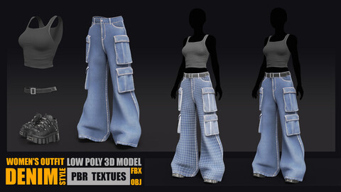 Women's Outfit Denim Style Low-poly 3D model PBR Textures