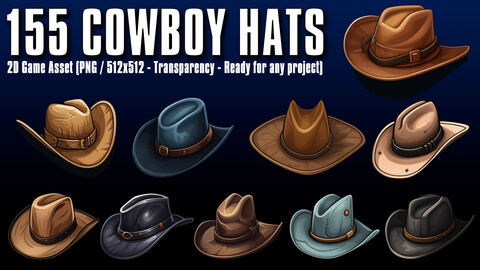 155 Cowboy Hats Pack (2D Art - PNG 512x512)