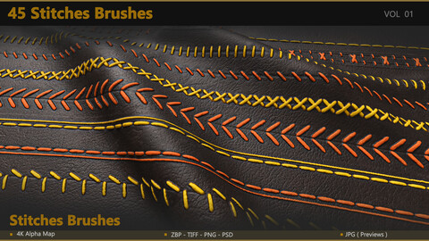 45 Seam & Stitch Brushes & Alpha (Tileable 4k-16bit)