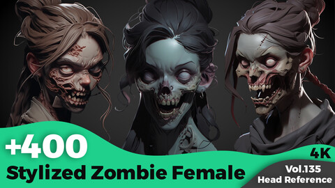 +400 Stylized Zombie Female Head Reference(4k)