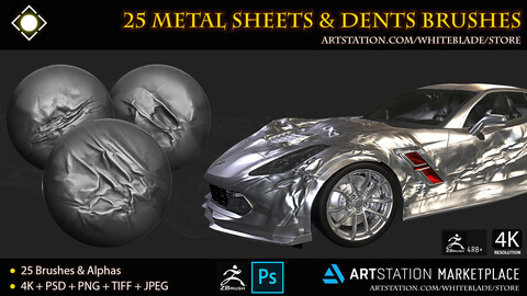 25 Metal Sheet Dents & Damages Brushes Vol.03 - ZBrush 4R8+/Blender/Mudbox/3dcoat