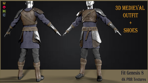 Medieval leather armor warrior 3D clothes (Fbx+ Obj +4k PBR textures + Spp)