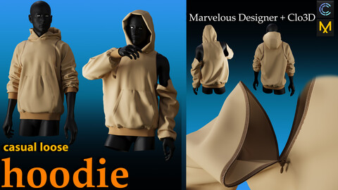 Casual loose hoodie with zipper (MD + FBX + OBJ)