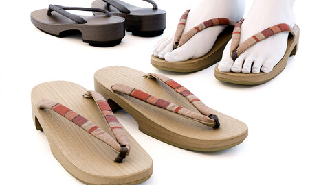 Ukon Geta Set for Women - Japanese Wooden Clogs Low-poly 3D model