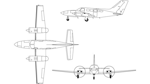 Cessna 402C 3-view line drawing-svg vector file