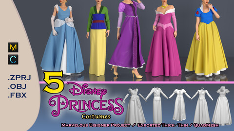 5 Disney Princeses costume, Cinderella , Mulan , Rapunzel , sleeping beauty , Snow White 3D Models.