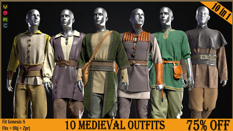 10 Medieval clothes, Special offer! 75%off (Fbx+ Obj+Zprj+ 4k PBR Texrures)