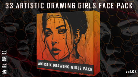 33 ARTISTIC DRAWING GIRLS FACE  ( PNG & ALPHA ) 4K QUALITY