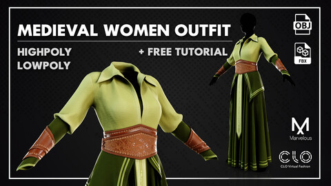 Medieval Women Outfit - Marvelous Designer / Clo3D , High & Low Poly+ Free Tutorial