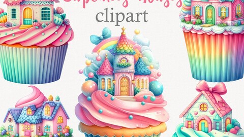 Watercolor , Cupcakes Clipart PNG, Digital images.