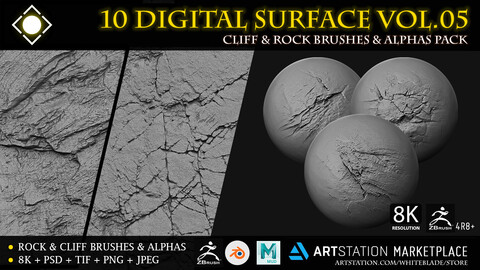 10 Digital Surface Rock & Cliff Brushes & Alphas Vol.05 - ZBrush/Blender/Mudbox/3dcoat