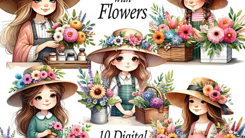 Clipart cute girl with flowers PNG, clipart bouquet of watercolor flowers, girl PNG
