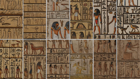 Collection of 12 Egyptian Hieroglyphs Seamless PBR Textures