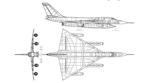 Convair B-58 Hustler 3-view line drawing-svg vector file