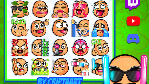 Potato emotes mega pack, cute spud emojis for streaming, kawaii icons for stream, discord, youtube, kick, tiktok