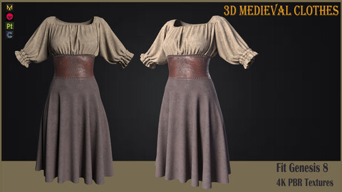 medieval peasant female clothes (Fbx, Obj, Zprj, 4K PBR textures)