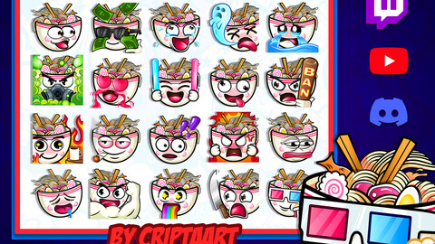 Ramen Twitch emotes mega pack, anime item sub emoji, otaku kawaii food, channel points, cheers, item for stream, discord, tiktok, youtube