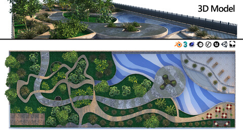 Low poly Rectangular Park Garden 3D Model